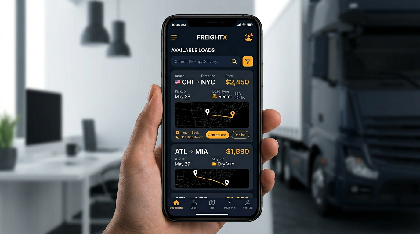 App screen concept: available loads near you and route details