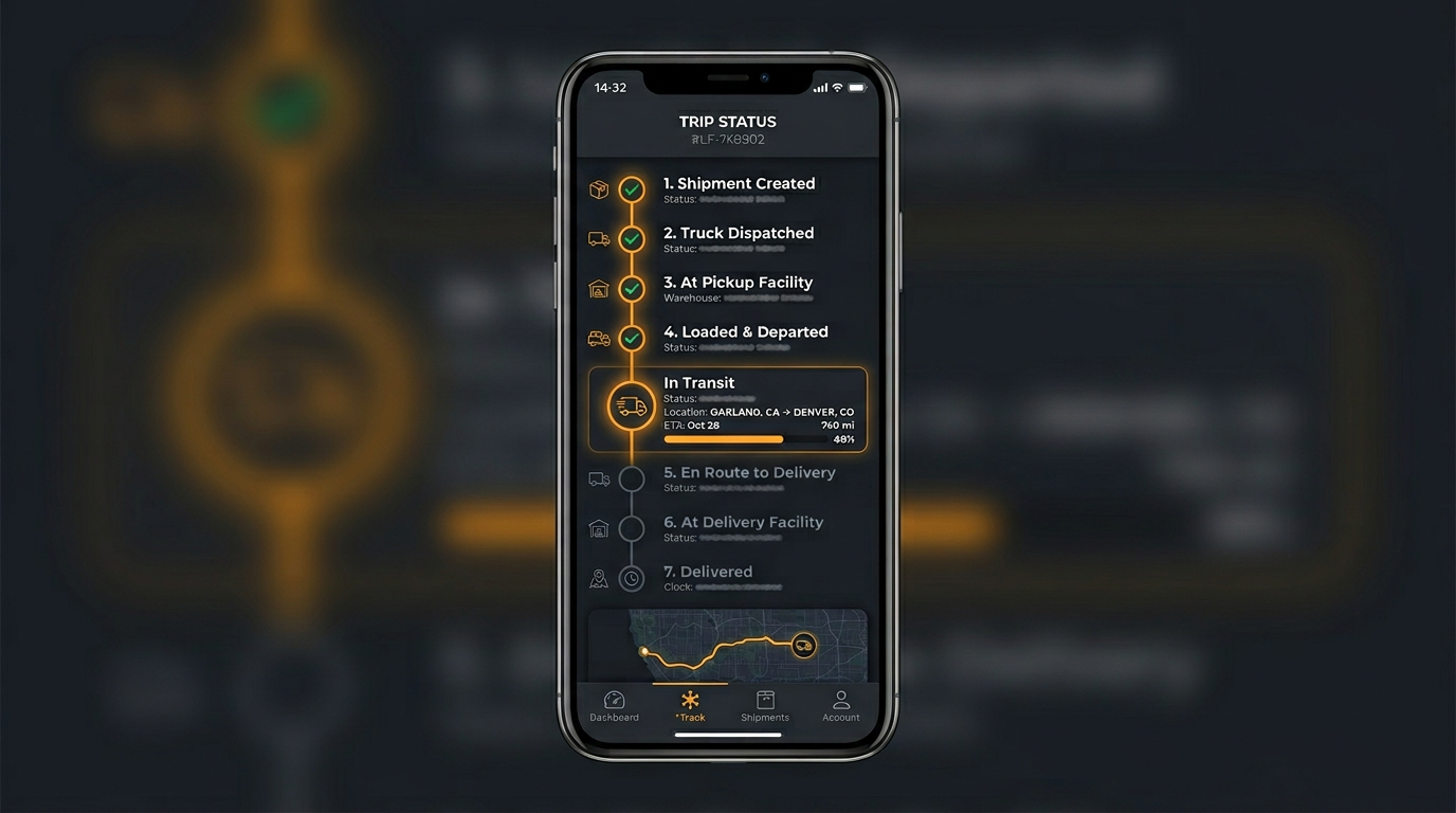 App screen concept: trip status and timeline